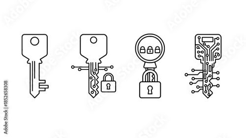 Modern security and technology key and lock icons