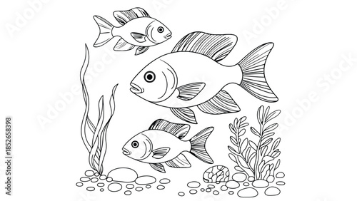 Three fish swimming together in underwater scene