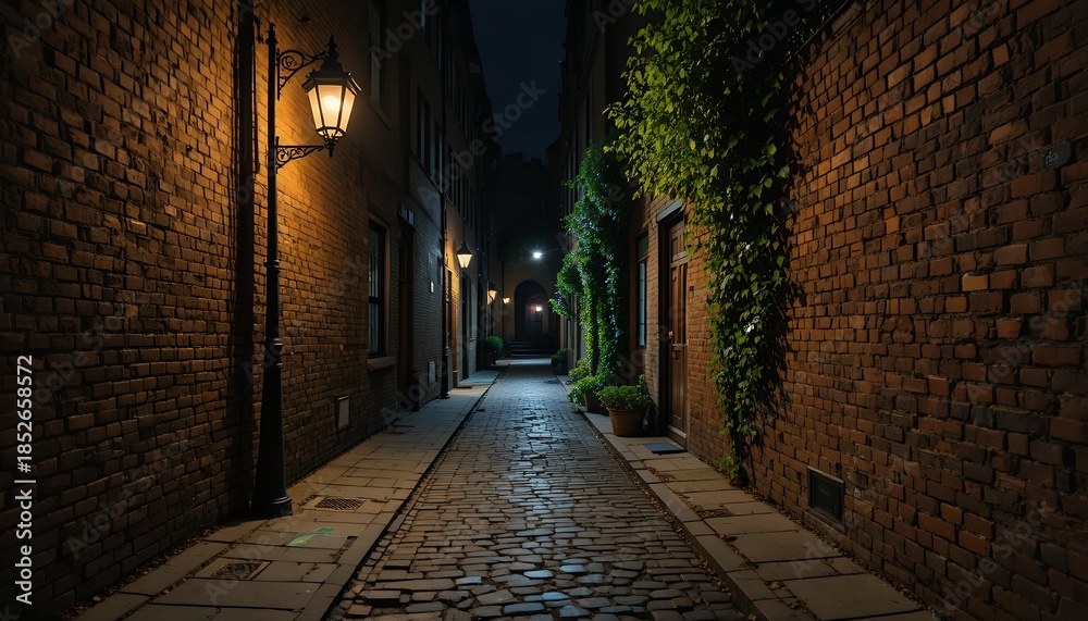 Naklejka premium Moonlit cobblestone alley between brick buildings with warm lantern glow