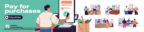 People pay in store set. Buyers are at the checkout in shop. Customers buy products at the counter by till, POS or self service cash register payment. Flat isolated vector illustrations on white