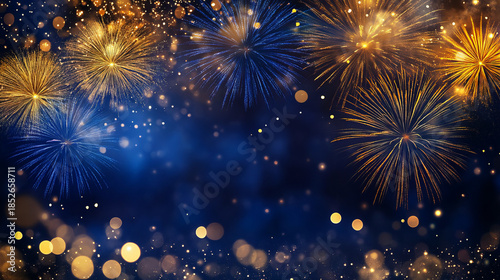  beautiful background of blue and gold fireworks with bokeh lights