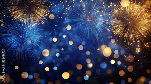  beautiful background of blue and gold fireworks with bokeh lights