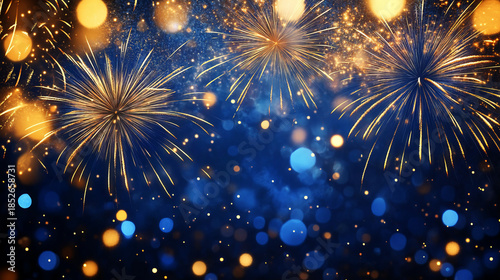  beautiful background of blue and gold fireworks with bokeh lights