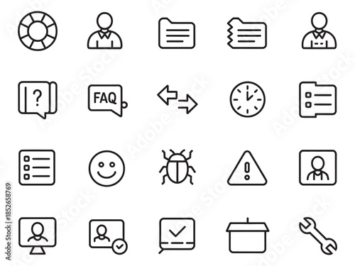 A collection of minimalist icons representing customer support, including a lifebuoy, FAQs, and alerts.