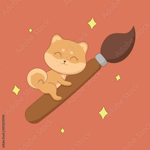 Cute Shiba Inu Character Sitting on Paint Brush, Kawaii Dog Illustration with Creative Art Theme