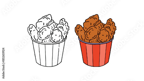 Colorful illustration of fried chicken in three buckets, black and white to full color