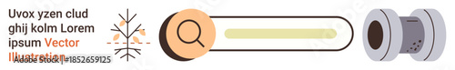 User interface design, search functions, data exploration, digital search tools, online queries, information access. Magnifying glass next to a search bar and abstract elements. Search functions