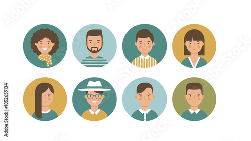 Diverse group of cartoon people with different expressions and backgrounds