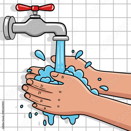 Person washing hand with soap and water under a faucet. Hand hygiene for health and personal care concept, disease prevention during virus pandemic.