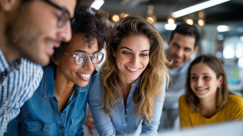 Fototapeta premium Diverse group of faceless Indian colleagues brainstorming in creative office environment, defocused South Asian teamwork, Indian professional collaboration, subcontinental cooperation, with