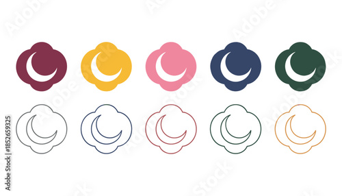 Colorful cloud shapes with crescent moon inside symbols