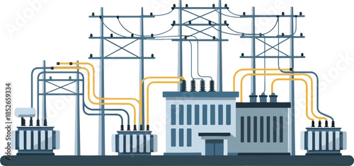 An illustration of an electrical power substation with transformers and transmission towers