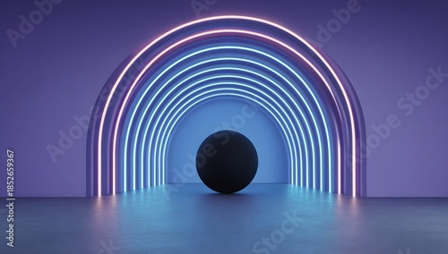 Abstract futuristic architectural tunnel with glowing neon arches and a solitary dark oval shape in the center creating a sense of mystery and wonder
