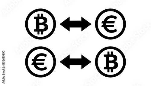 Bitcoin and Euro currency exchange symbols with bidirectional arrows cryptocurrency