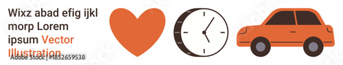 Love, time management, transportation, punctuality, lifestyle, car travel. A heart, a clock and a car in an arranged sequence. Love and time management concept with modern visuals