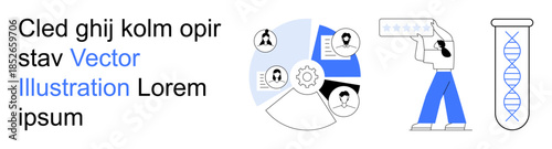 Data analysis, identity verification, genetic research, technology interface, user profiles, biotechnology. Circular chart with user icons, man with ID and DNA vial. Data analysis and identity