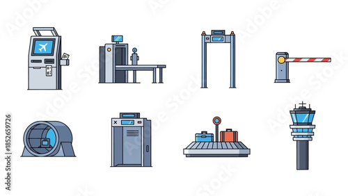 Airport Security and Control Equipment Icons Vector Illustration