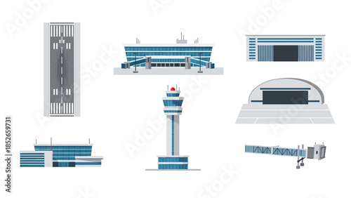 Flat Design Airport Elements Control Tower, Terminal, and Runway