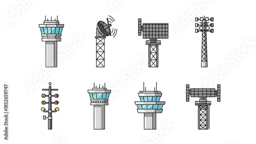 Collection of Telecommunication Towers and Control Towers Icons