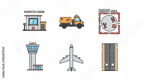 Airport Elements Vector Illustration Dispatch Cabin, Service Area, Plane, Control Tower and Runway