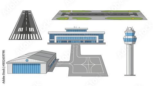 Vector Airport Elements Runway, Terminal, Tower, and Hangar Design