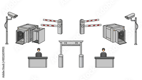 Security Checkpoint Illustration with Scanners and Barriers