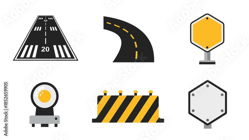 Roadway Signage Vector Illustration of Traffic, Highway, and Road Safety Icons