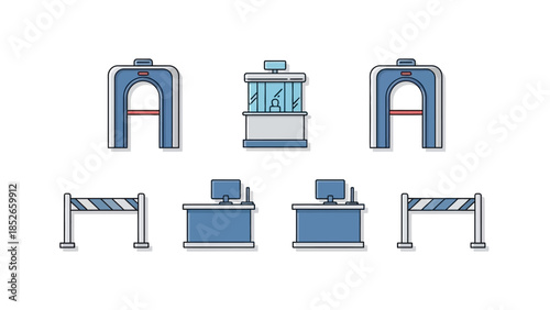 Airport Security Checkpoint Vector Graphic with Control Booths and Barriers