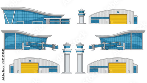 Airport Terminal and Control Tower Illustration Set