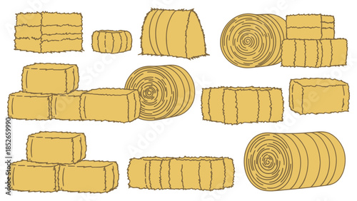 Illustration of various hay bales in different shapes and sizes on white background