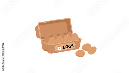 Cartoon illustration of brown cardboard egg carton with eggs on white background