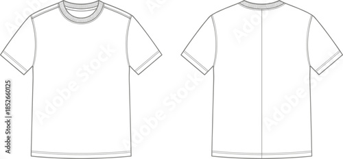 Basic t shirt technical drawing, front back views, short sleeve apparel outline vector illustration for fashion design template
