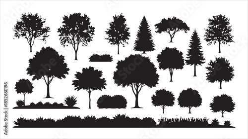Black Tree Silhouette Set Side-View Oak, Maple, Birch, Poplar & Tropical for Architectural Drawings