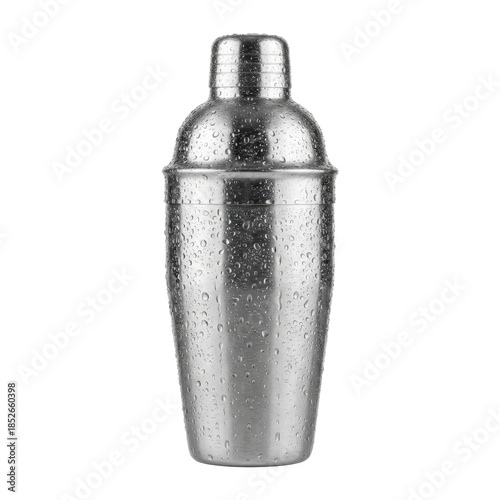 Obraz na plátne Cold silver metal cocktail shaker with condensation on transparent background