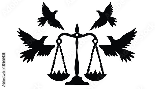 Balancing scales with flying birds symbolizing justice and freedom