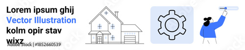 Detailed house illustration, gear symbol, and worker painting a wall with a roller. Ideal for construction, home improvement, innovation, maintenance, architecture, progress simple landing page