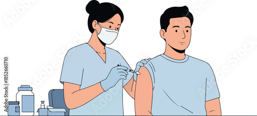 Nurse Vaccinates Man Light Blue T Shirt Isolated Object Minimal Illustration
