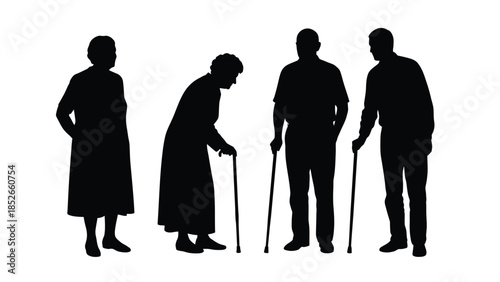 Elderly people silhouettes with walking aids standing together in a line formation