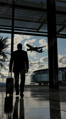 Business traveler at airport terminal with airplane in the background under cloudy sky