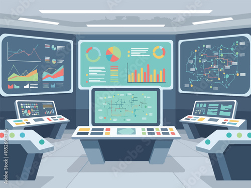 Control room with multiple screens displaying charts graphs and network diagrams