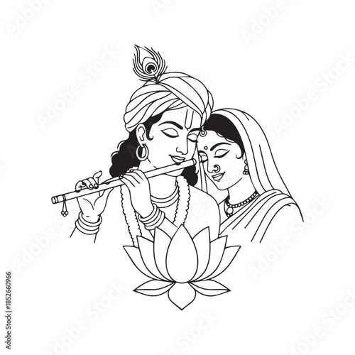 Lord Krishna and Radha line art drawing. Hindu god playing flute with goddess vector illustration. Black and white outline sketch with lotus and mandala for coloring book.
