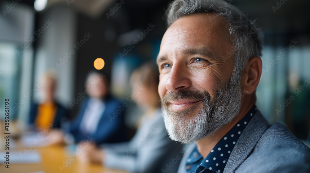Fototapeta premium Mature faceless entrepreneur shares creative visions with fellow professionals, defocused experienced leadership, senior innovation, veteran ideation, seasoned strategy communication, with