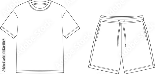 Blank t shirt and shorts apparel outline mockup, casual clothing set template, minimalist fashion vector illustration design