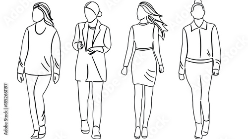 Four women in different outfits walking in a line, fashion illustration, minimalist style