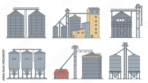 Industrial grain silos and storage facilities in various architectural styles and colors