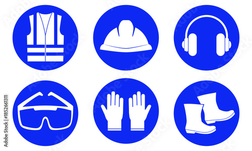 PPE required caution sign, Personal protective equipment icons set, work safety sign, for industry and working area. Flat vector illustration isolated on white background