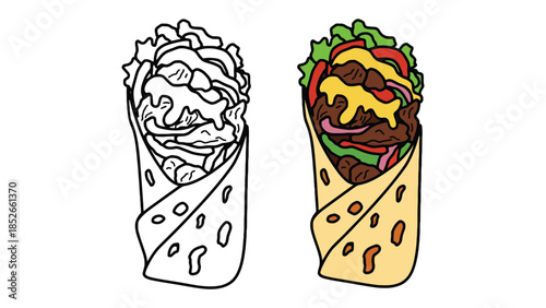 Colorful illustration of three wrapped burritos with different toppings and condiments