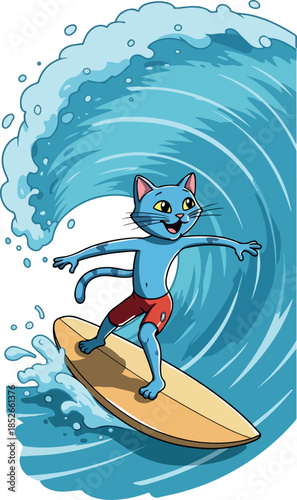 Pixel Art Blue Cat Surfing ...
