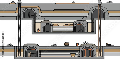 Crosssection diagram illustrating a multilevel underground mine with shafts and tunnels