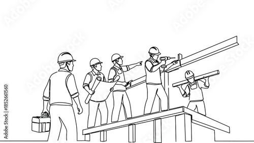 Construction workers building structure with tools